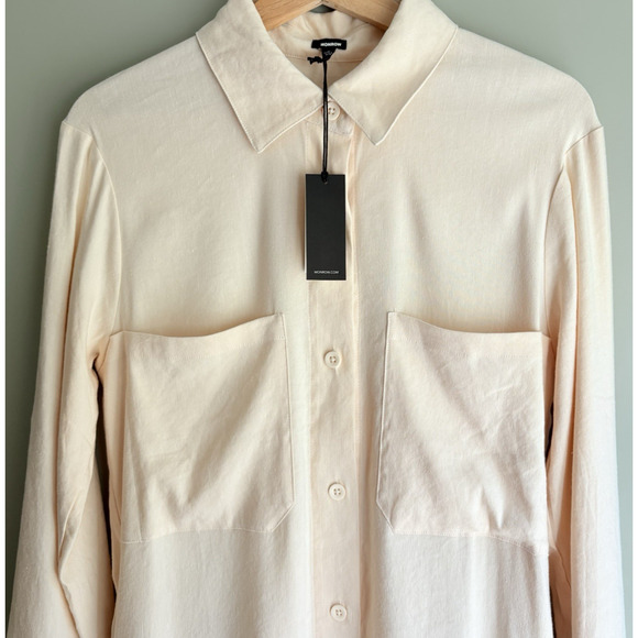 MONROW Linen Blend Button Front Midi Shirt Dress Tunic Pale Yellow Coastal S NWT - Picture 2 of 12